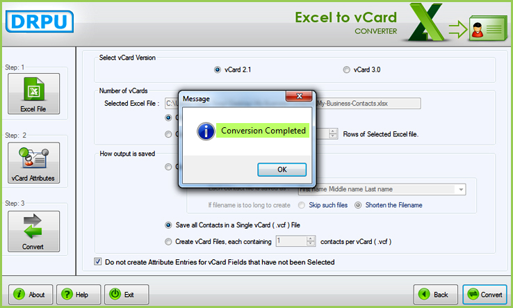 Excel to vCard Conversion Completed