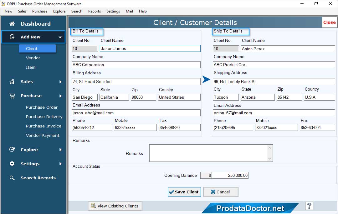 client and customer detailes Vendor details updation
