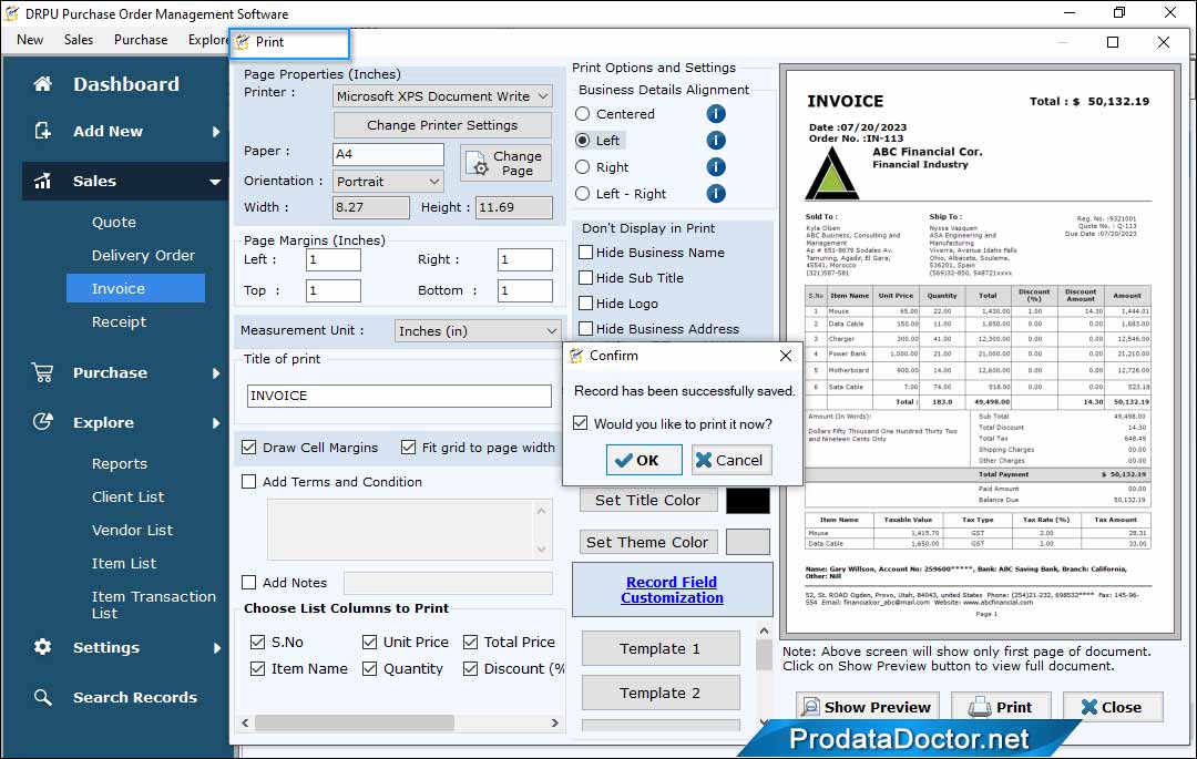 print preview Vendor details updation