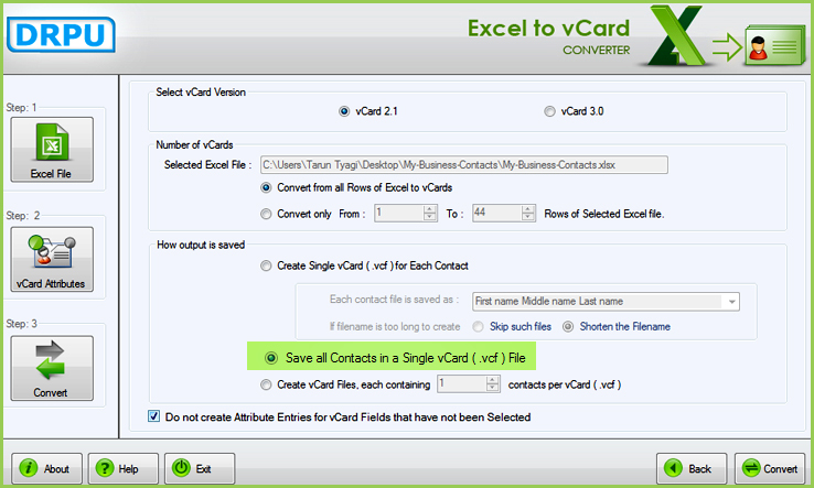 single vCard (.vcf) file